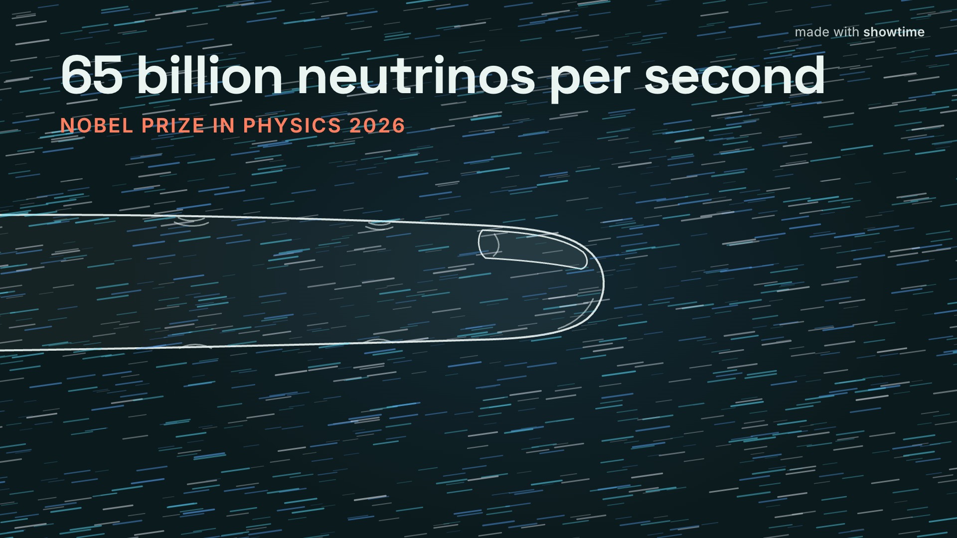 Frame 0: a fingertip with neutrinos streaming through it, "65 billion neutrinos per second"