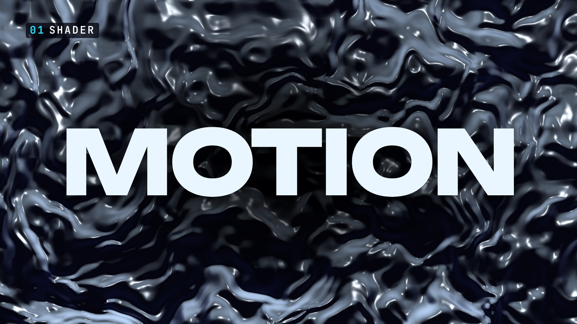 16:9, frame 0: the hook word over a liquid chrome shader