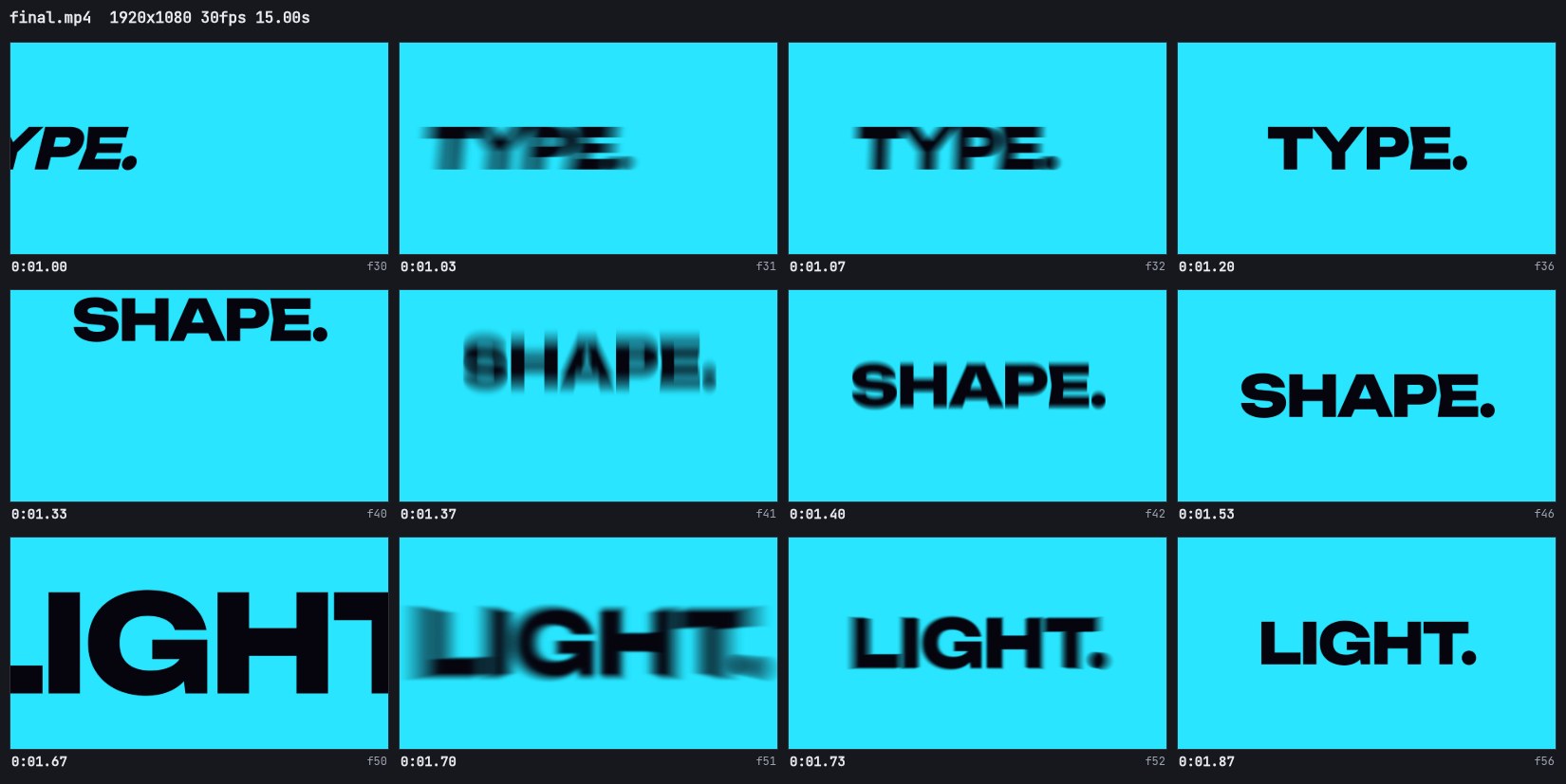 The three flash words in 16:9: sharp start, smeared on the fast frames, sharp on landing