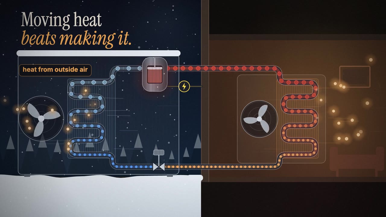 An animated refrigerant cycle: evaporator, compressor, condenser and expansion valve.
