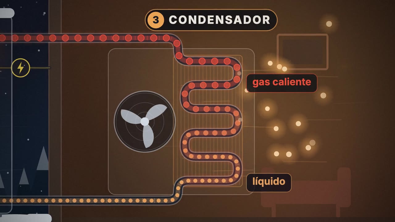 The same heat pump film with Spanish labels: condensador, gas caliente.