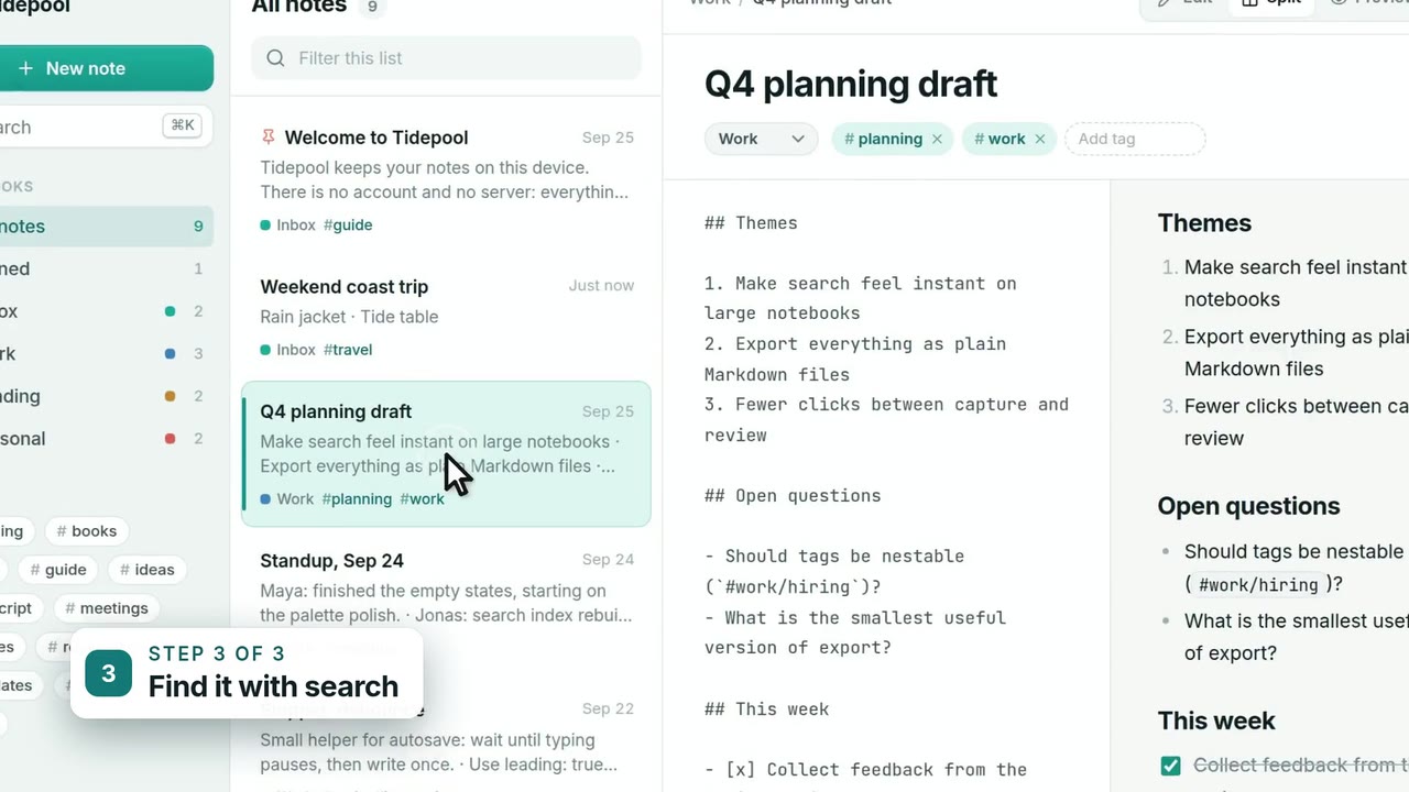 A notes app with a search palette open and a step card: Find it with search.