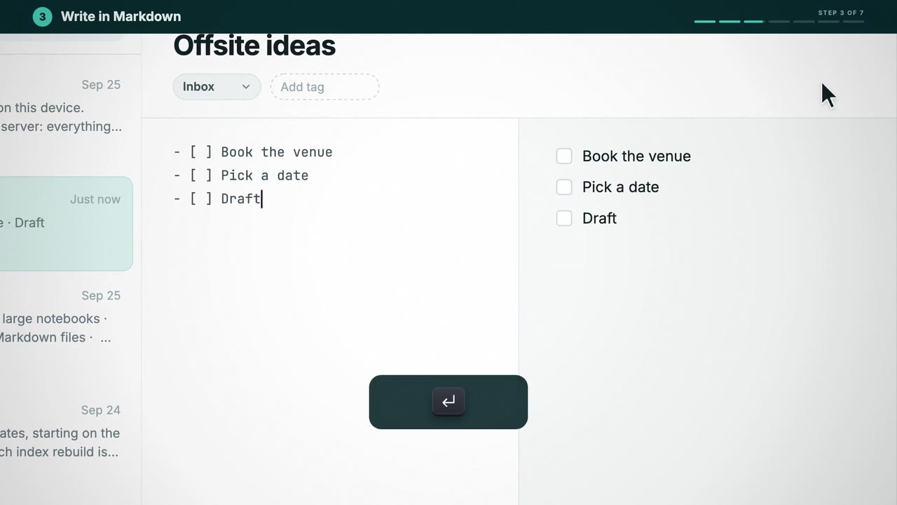 A drawn notes app with a Markdown checklist being typed.