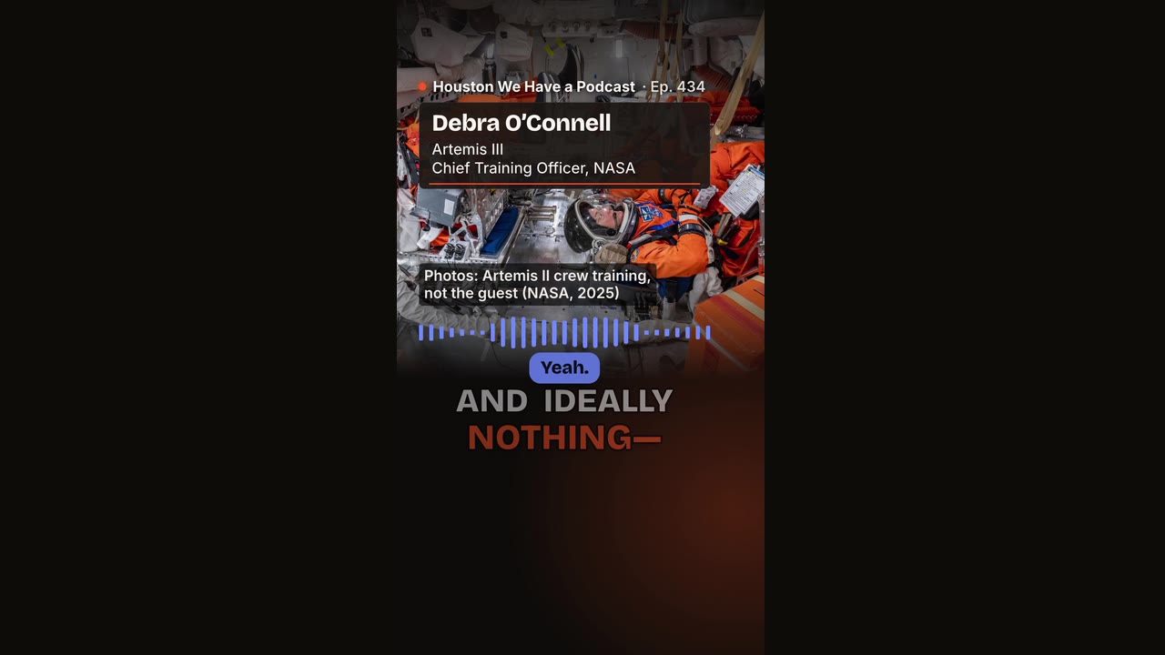 A vertical podcast audiogram with the speaker's name, a waveform and captions.