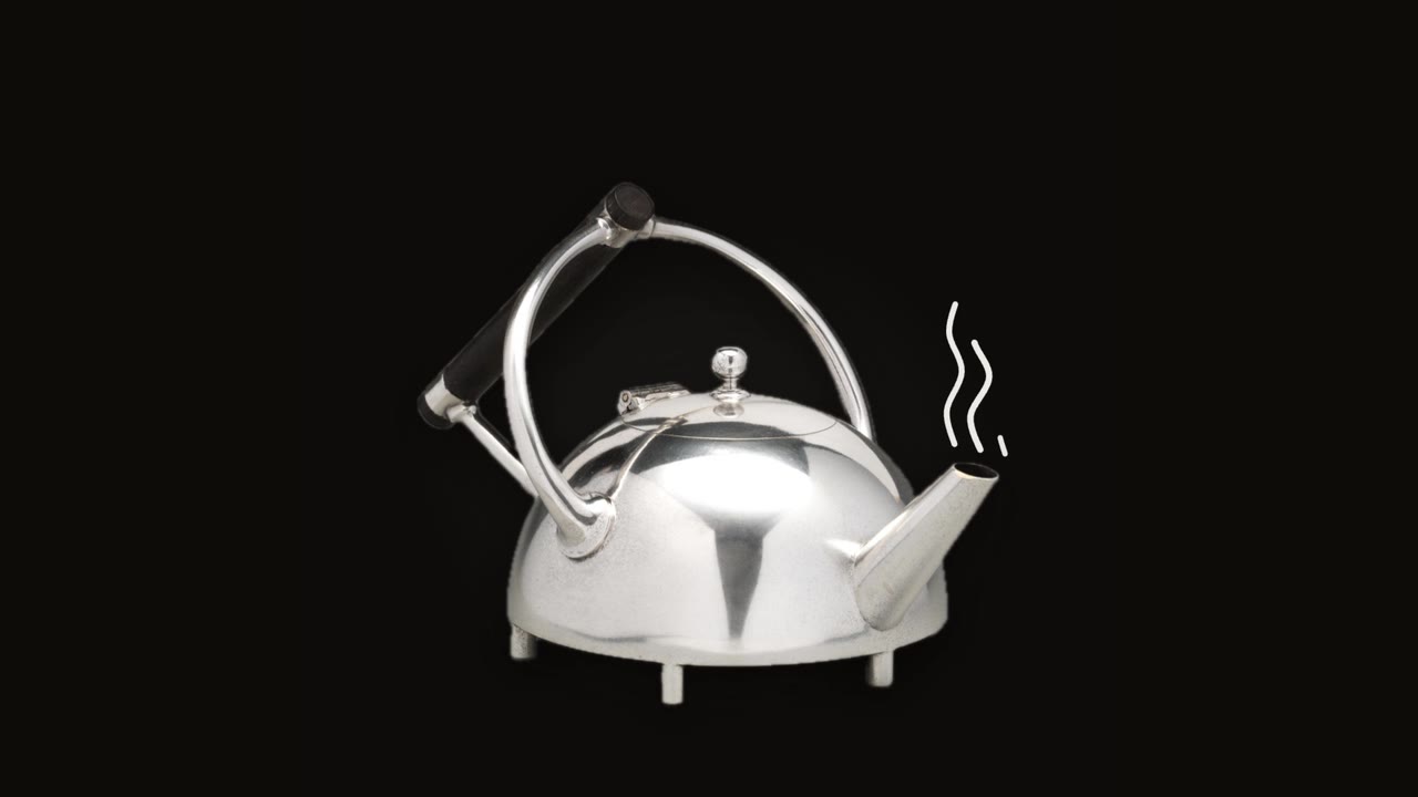 A silver teapot on black with rising steam.