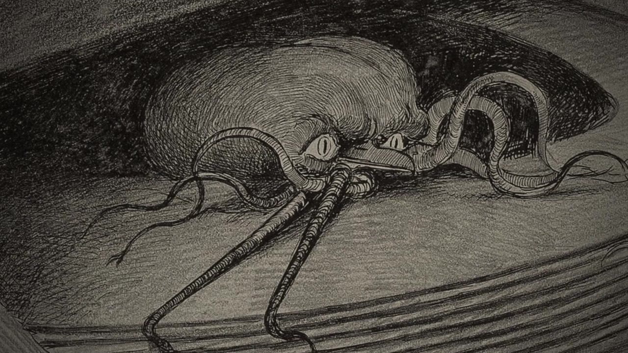 An engraved illustration of a Martian from The War of the Worlds.