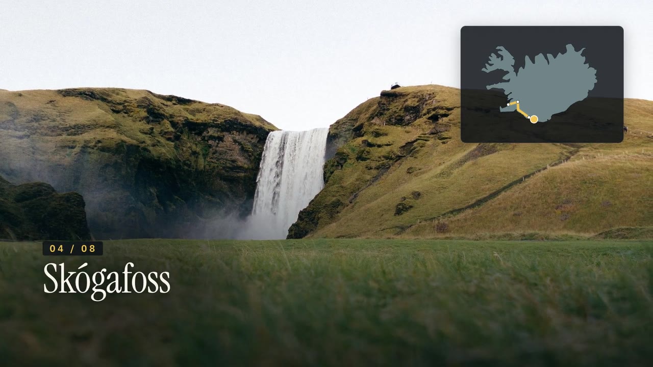 An Iceland waterfall with a small map of the ring road.